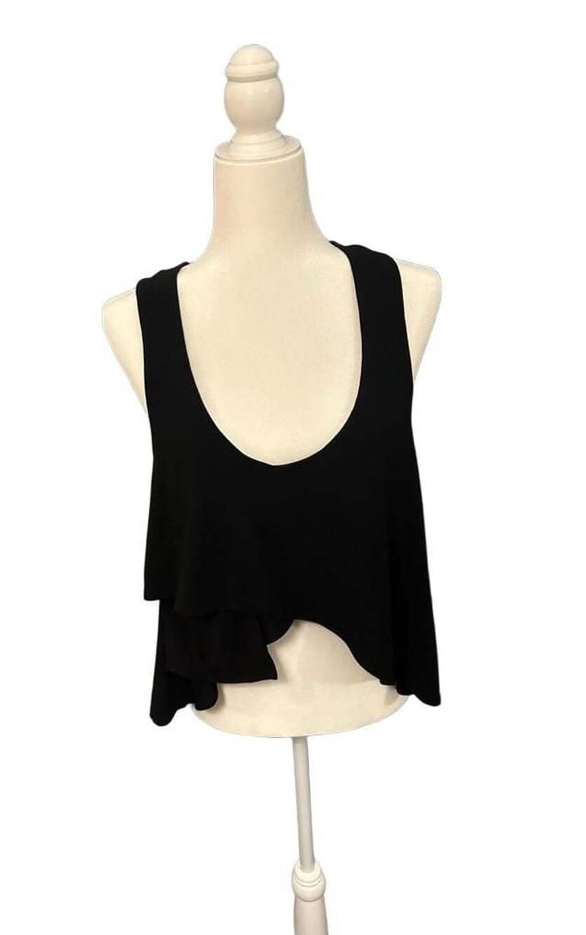 Sympli Black Sleeveless Tank Top with Asymmetrical Hem and Pocket Detail, Size 4